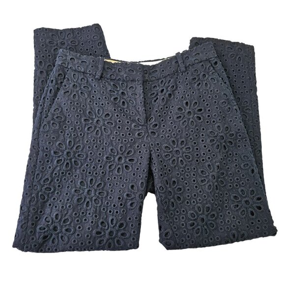 J. Crew Navy Embroider Eyelet Pant Women Size 28 Straight Leg Capr Slash Pockets - Picture 7 of 10